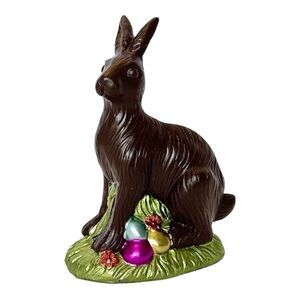 Faux Chocolate Easter Bunny Rabbit with Colorful Eggs Figurine New!